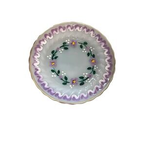 Anchor Hocking Milk Glass Plate Purple Floral Hand Painted 7.25" Excellent Swirl